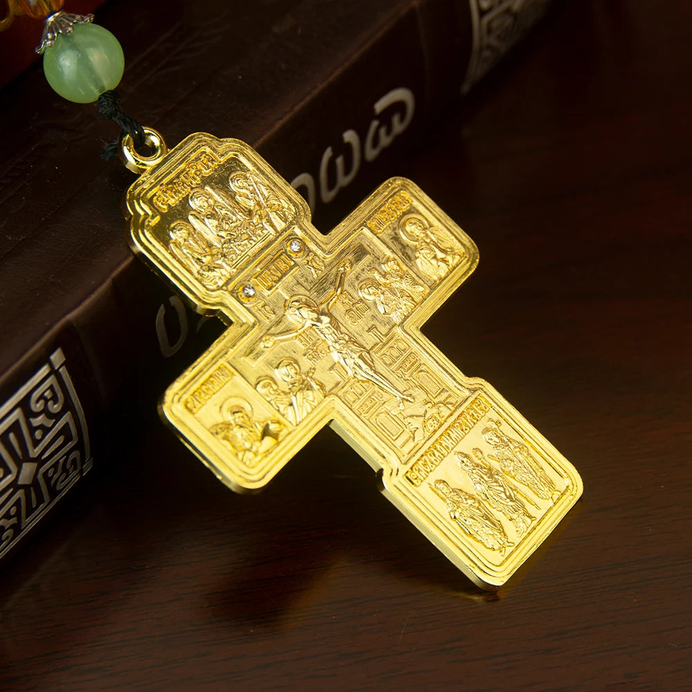 Orthodox Cross Necklace with Wooden Bead Chain – Jesus Crucifix Prayer Jewelry