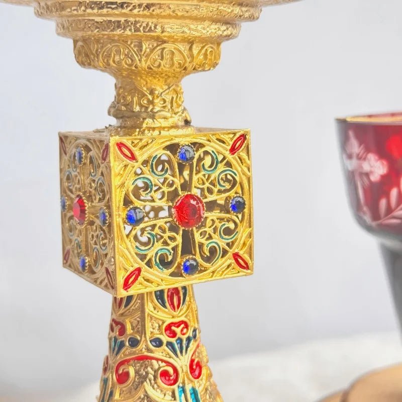 Gold-Plated Orthodox Catholic Liturgical Chalice with Red Glass Cup - Sylva