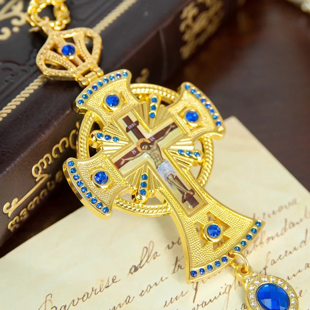 Orthodox Pectoral Cross Necklace – Gold-Tone Christian Prayer Pendant with Blue Crystal Details - Sylva