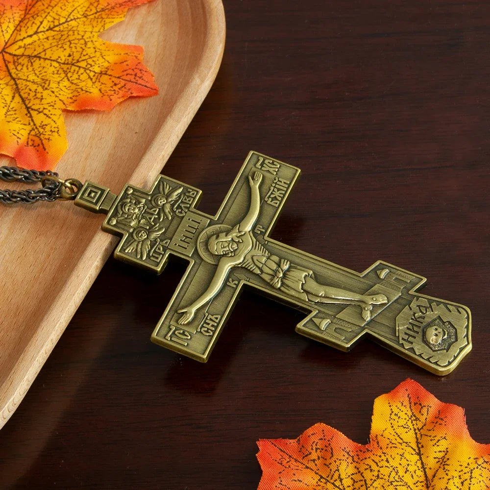 Gold-Plated Orthodox Jesus Pectoral Cross Pendant Necklace - Sylva