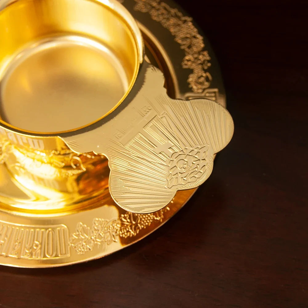 Gold-Plated Orthodox Holy Oil Utensil Set – Engraved Liturgical Dish, Spoon & Vessel
