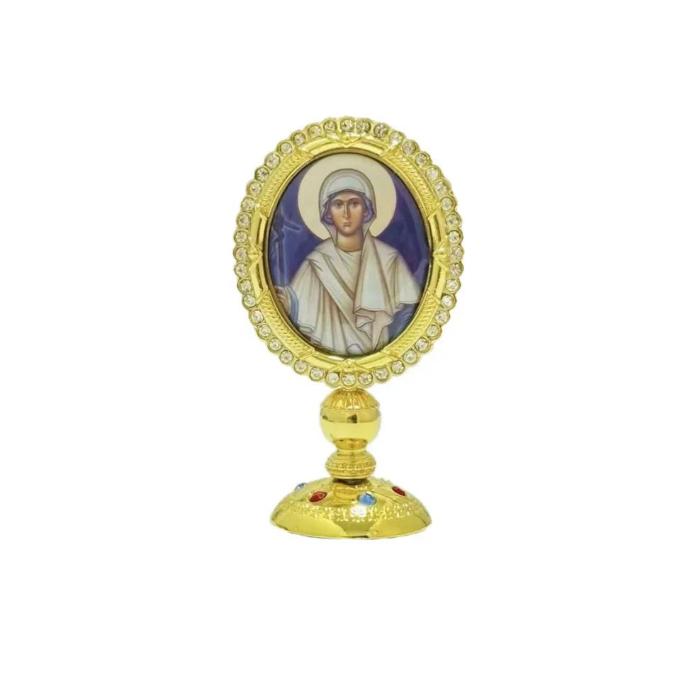 3.35” Orthodox Virgin Mary Icon for Car Dashboard – Gold-Plated Christian Dashboard Ornament with Stick-On Base - Sylva