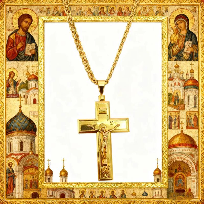 Orthodox-Style Pectoral Crucifix Necklace – Gold or Silver Christian Cross Pendant with 72 cm Chain - Sylva