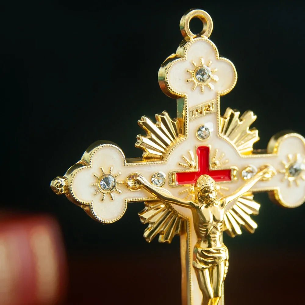 Small Gold Tabletop Crucifix – Christian Home and Car Cross Ornament - Sylva
