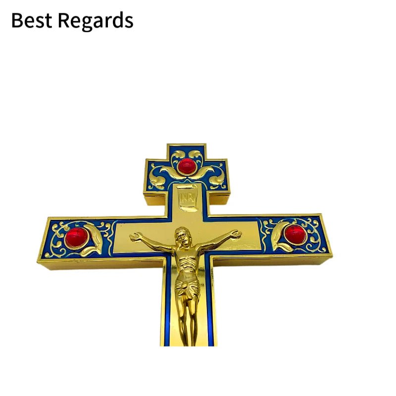 Large Orthodox-Style Blessing Crucifix – Blue Gold Wall Cross with Gift Box - Sylva