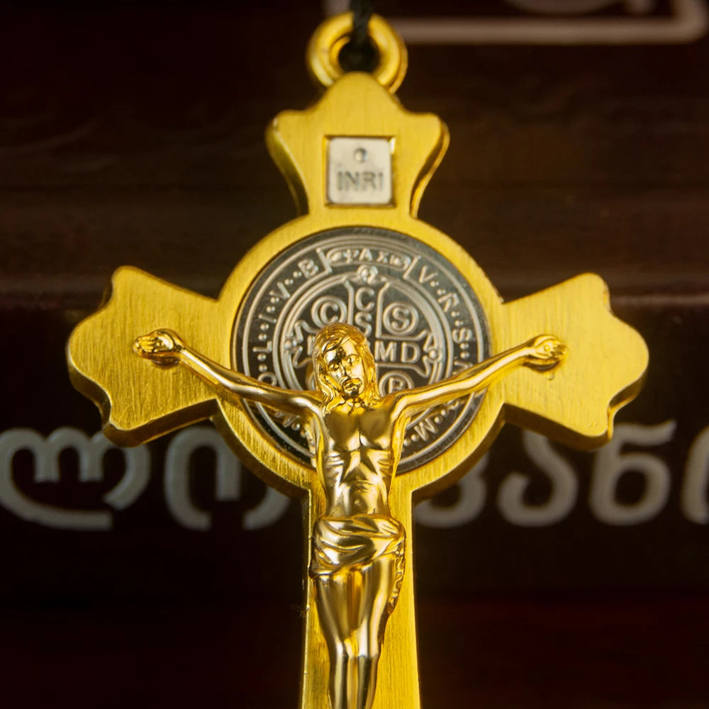 Orthodox Crucifix Necklace with Wooden Rosary Beads – Gold Cross Pendant