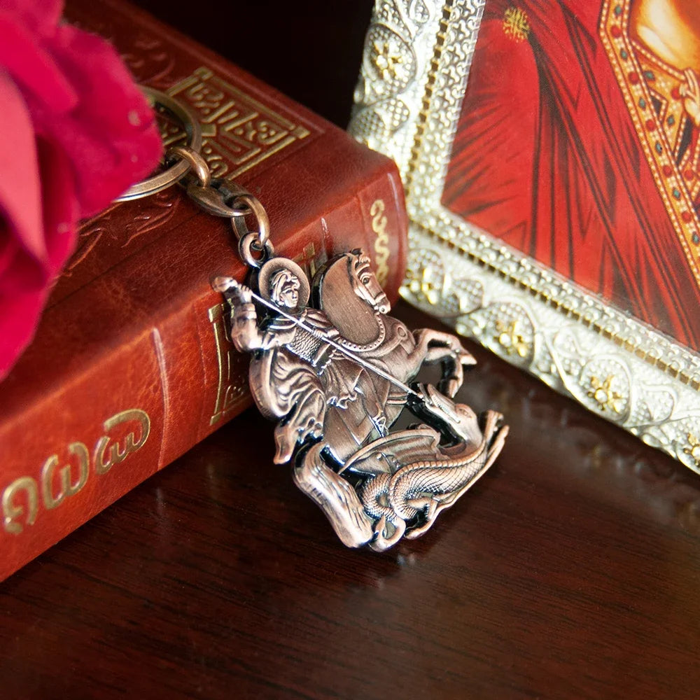 Orthodox Saint George Keychain – Gold-Tone Christian Protection Key Ring