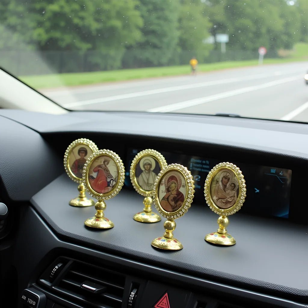 3.35” Orthodox Virgin Mary Icon for Car Dashboard – Gold-Plated Christian Dashboard Ornament with Stick-On Base - Sylva