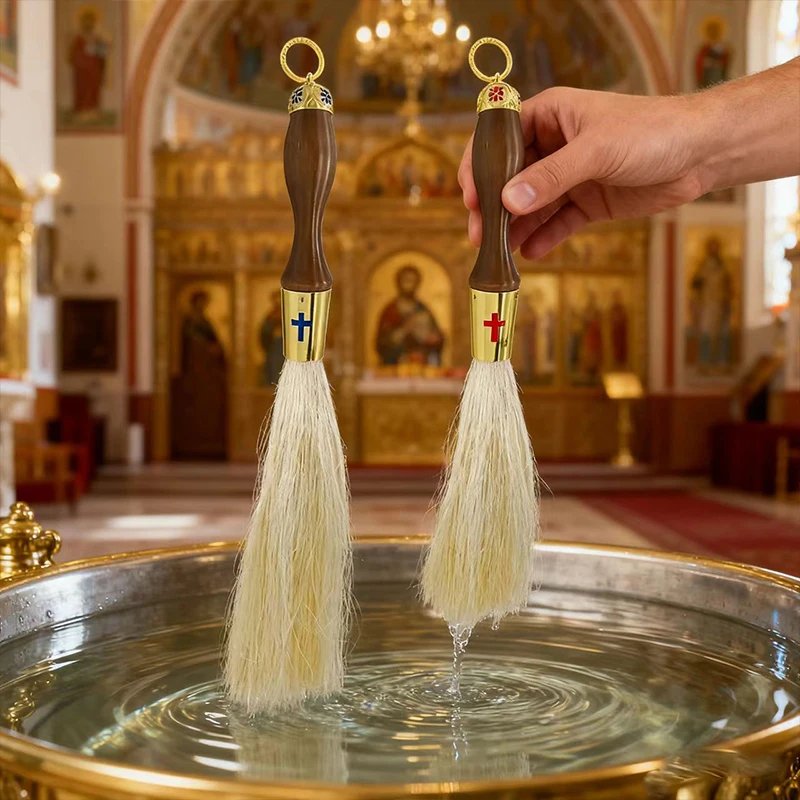 Orthodox Holy Water Blessing Brush – 15” Wooden Handle Holy Water Sprinkler with Synthetic Wool & Metal Cross | Church & Home Blessing Tool