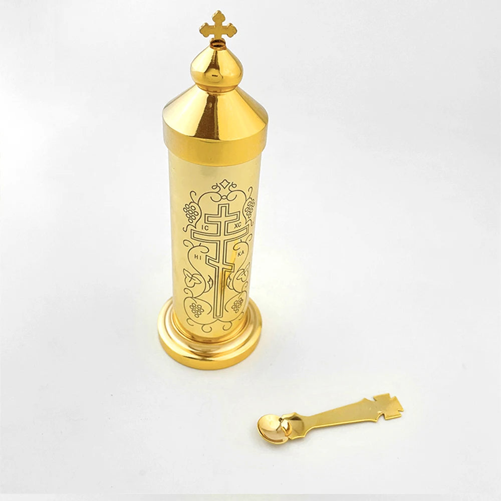Orthodox Holy Oil Vessel with Prayer Spoon – Gold Plated Eastern Church Ceremonial Oil Container