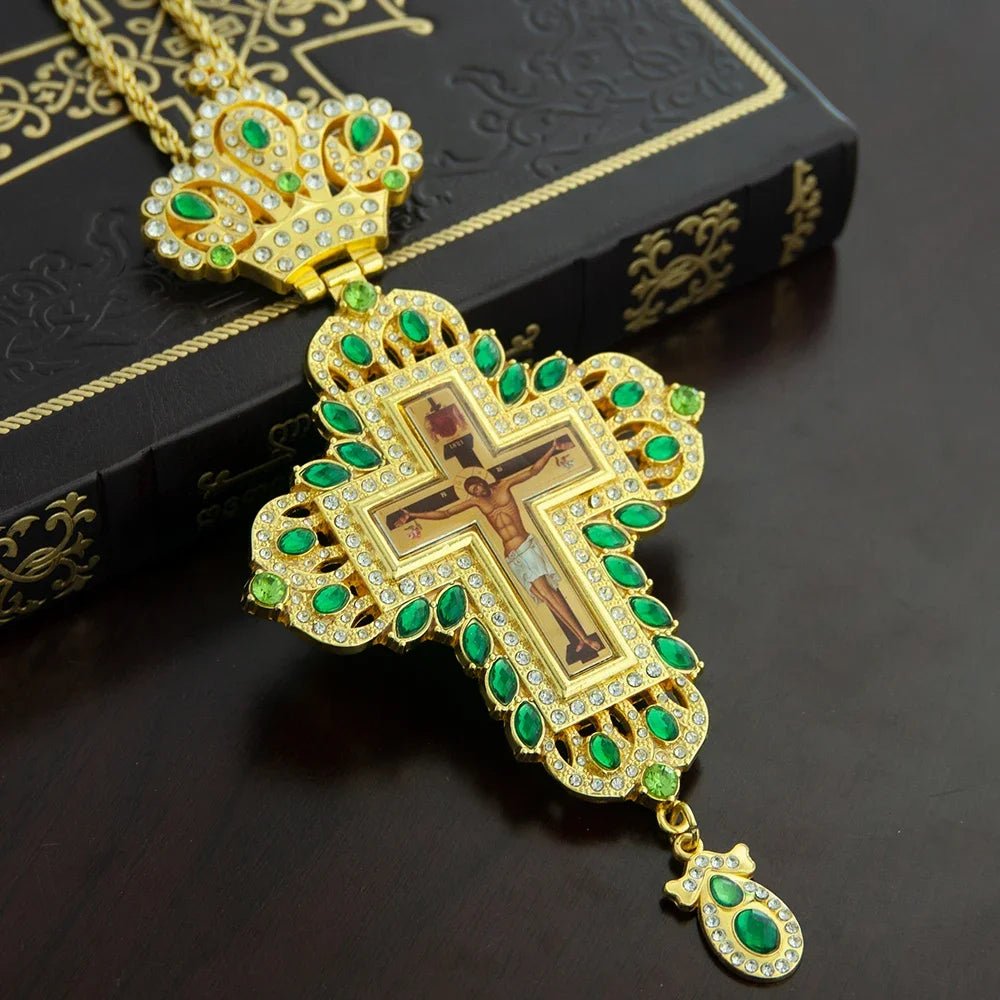 Gold-Plated Orthodox Pectoral Cross with Chain & Gemstone Accents - Sylva