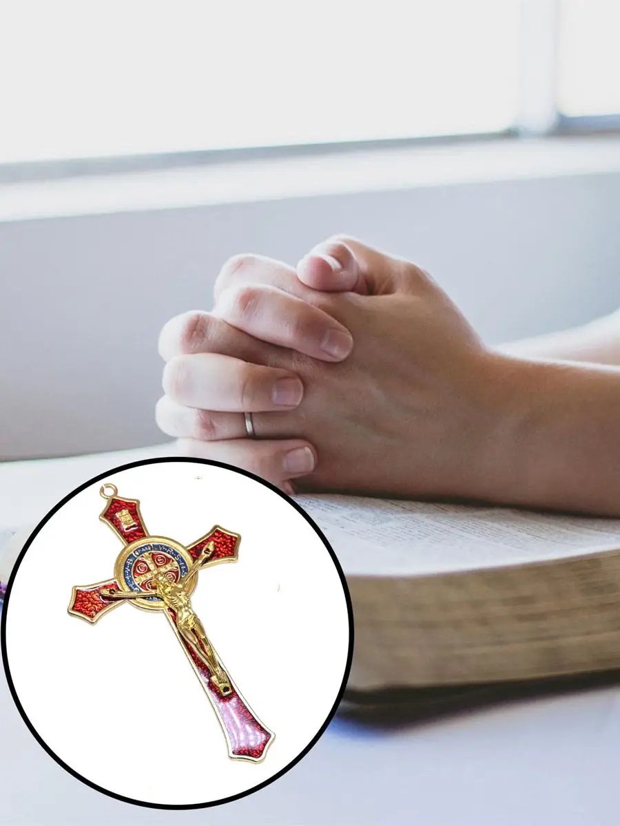 Saint Benedict Red Enamel Wall Crucifix Cross 12cm | Catholic Protection Cross with San Benito Medal