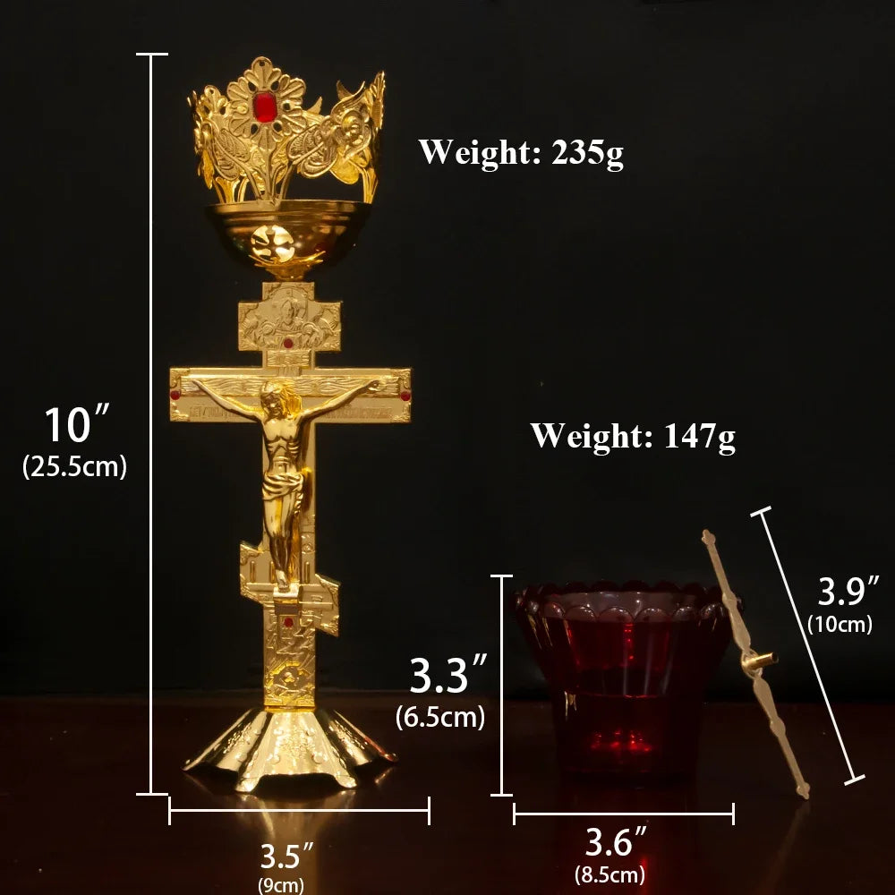 Orthodox Jesus Standing Vigil Oil Lamp with Red Glass Cup for Home Altar & Prayer