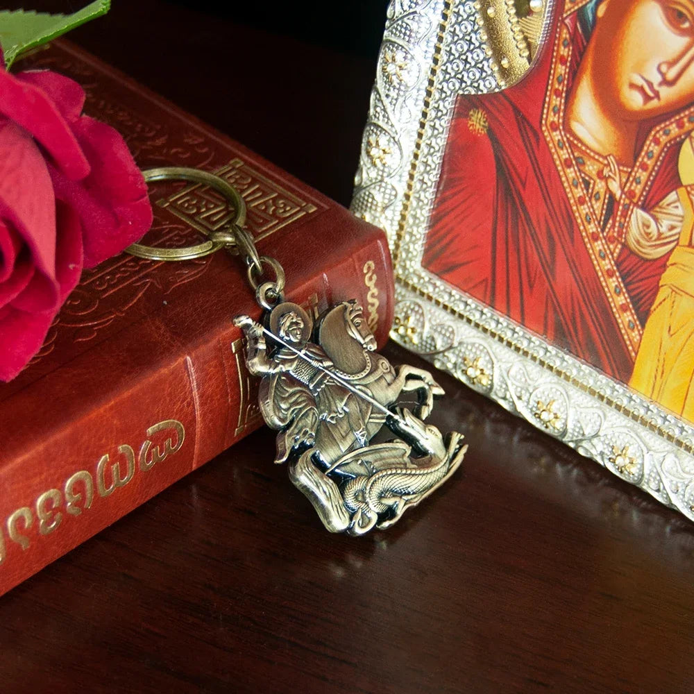 Orthodox Saint George Keychain – Gold-Tone Christian Protection Key Ring
