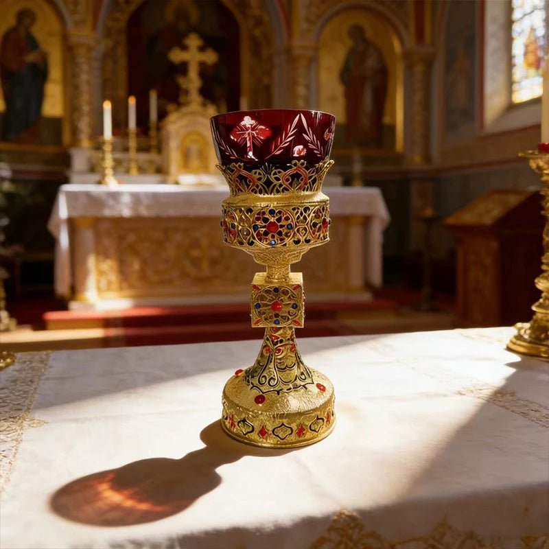 Gold-Plated Orthodox Catholic Liturgical Chalice with Red Glass Cup - Sylva