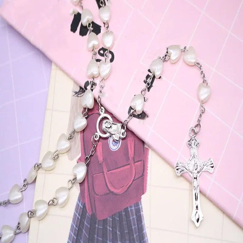 Handmade Pink & White Heart Bead Rosary Necklace – White Gold-Plated Catholic Prayer Beads with Cross Crucifix | Christian Devotional Gift
