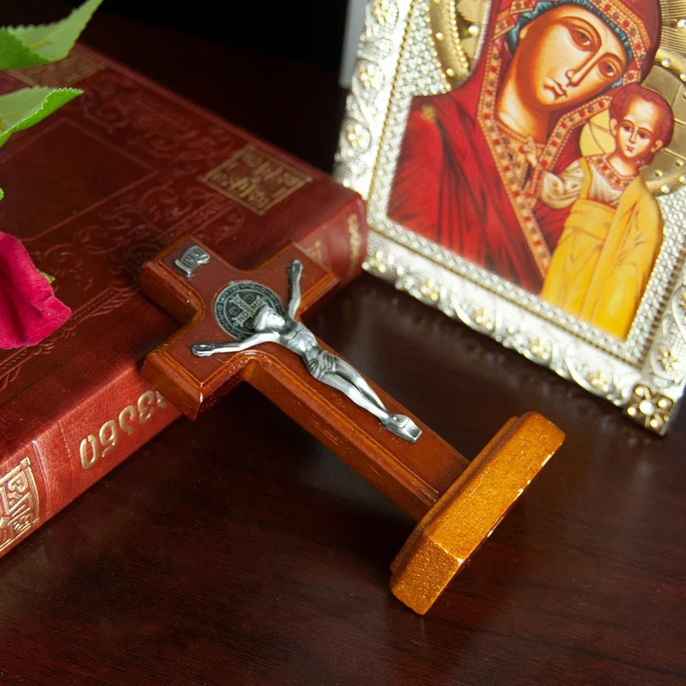 Catholic Wooden Saint Benedict Crucifix with Base – 11cm Standing Prayer Cross - Sylva