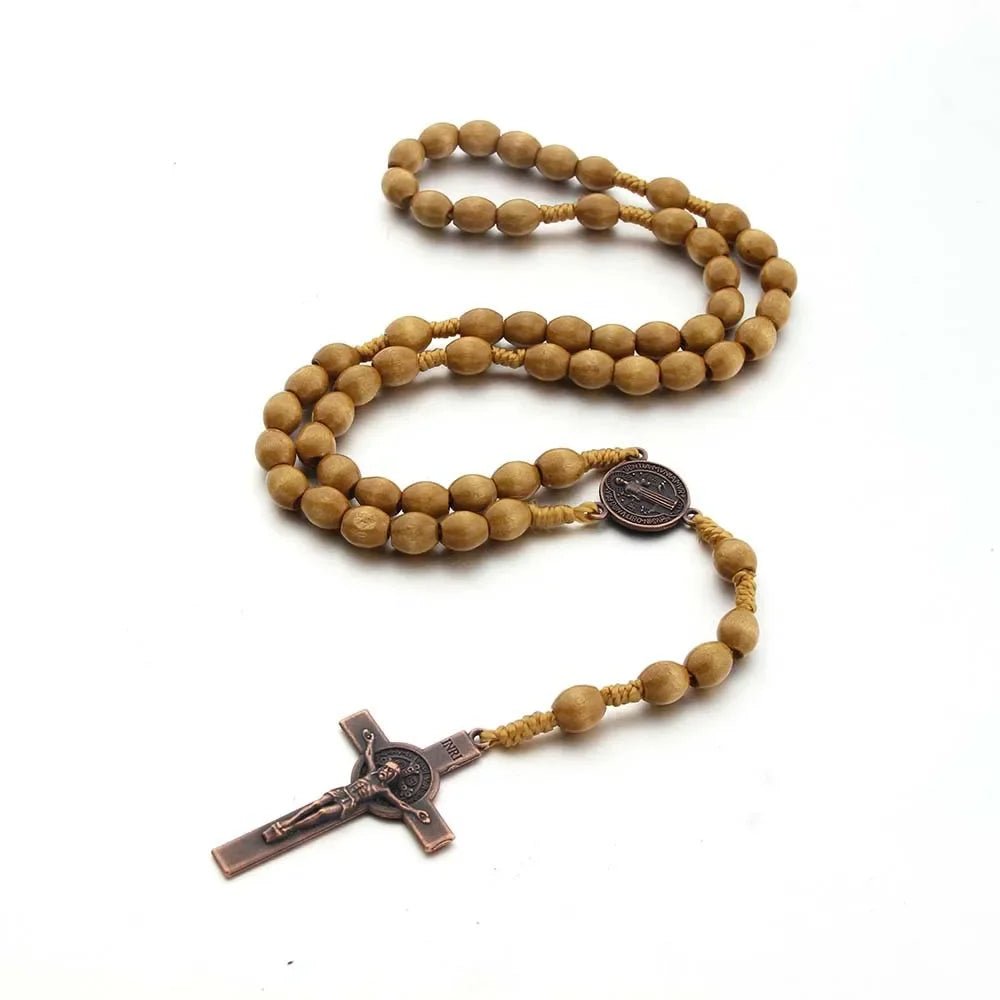 Handmade Wooden Bead Rosary Necklace with Crucifix – Braided Catholic Prayer Rosary for Men & Women - Sylva
