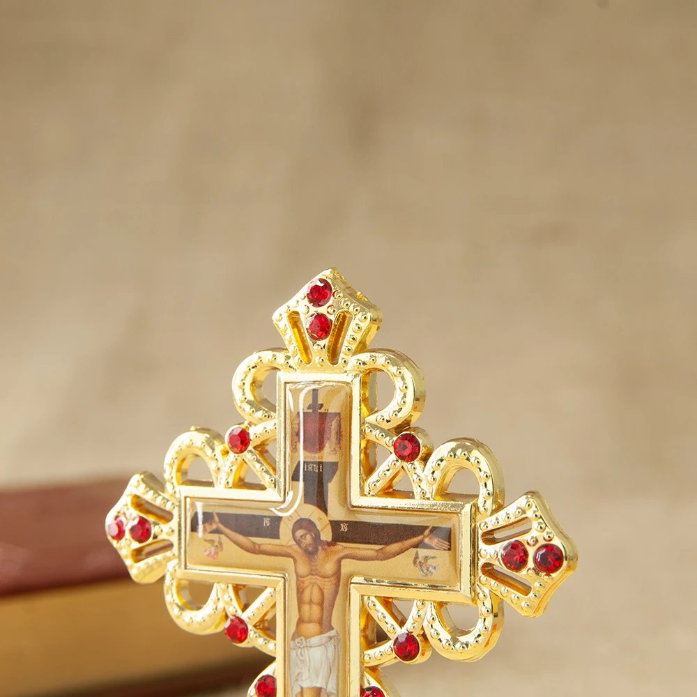 Gold Jesus Crucifix Cross Ornament with Red Rhinestones – 3.5” Zinc Alloy Christian Home Altar Desktop Cross Decoration | Orthodox & Catholic Religious Gift
