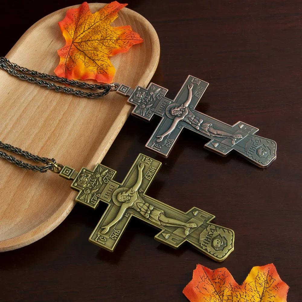 Gold-Plated Orthodox Jesus Pectoral Cross Pendant Necklace