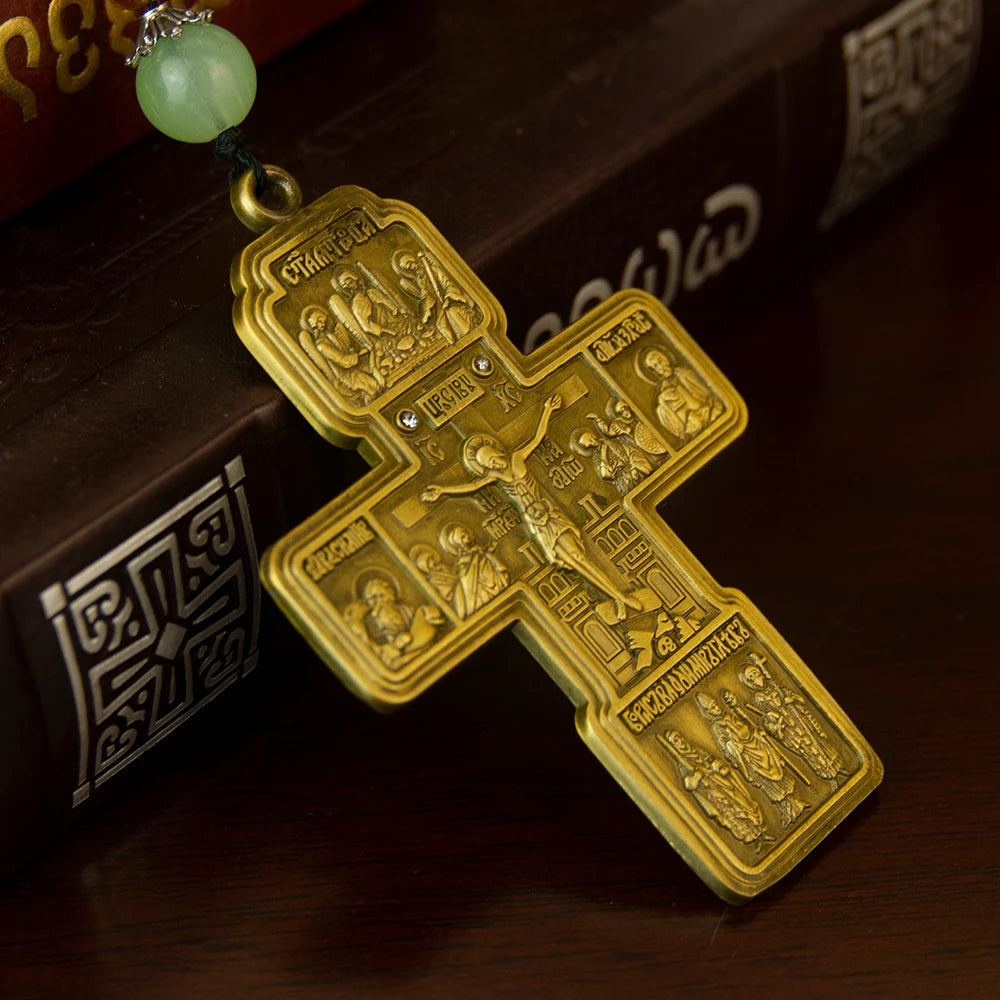 Orthodox Cross Necklace with Wooden Bead Chain – Jesus Crucifix Prayer Jewelry