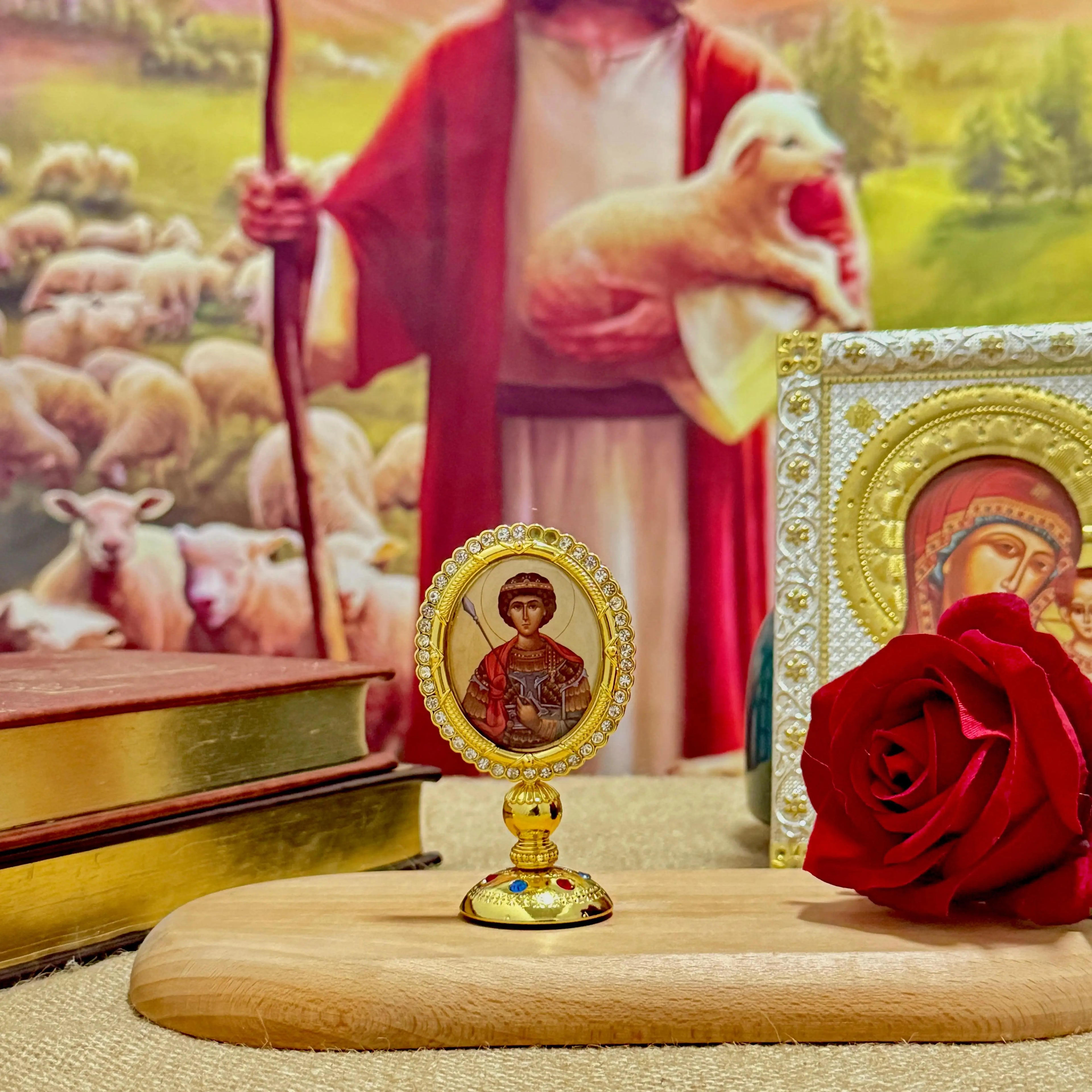 3.35” Orthodox Virgin Mary Icon for Car Dashboard – Gold-Plated Christian Dashboard Ornament with Stick-On Base - Sylva