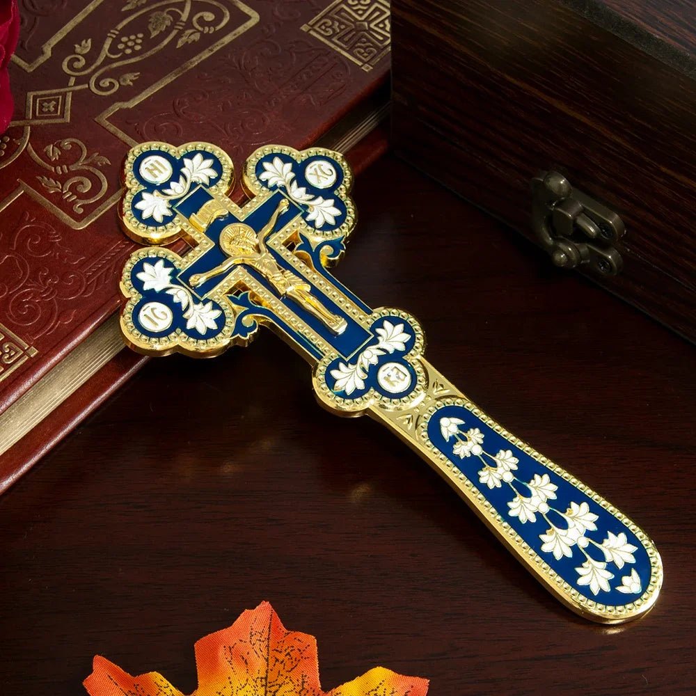Orthodox Handheld Blessing Cross with Jesus Icon – Gold Enamel Crucifix - Sylva
