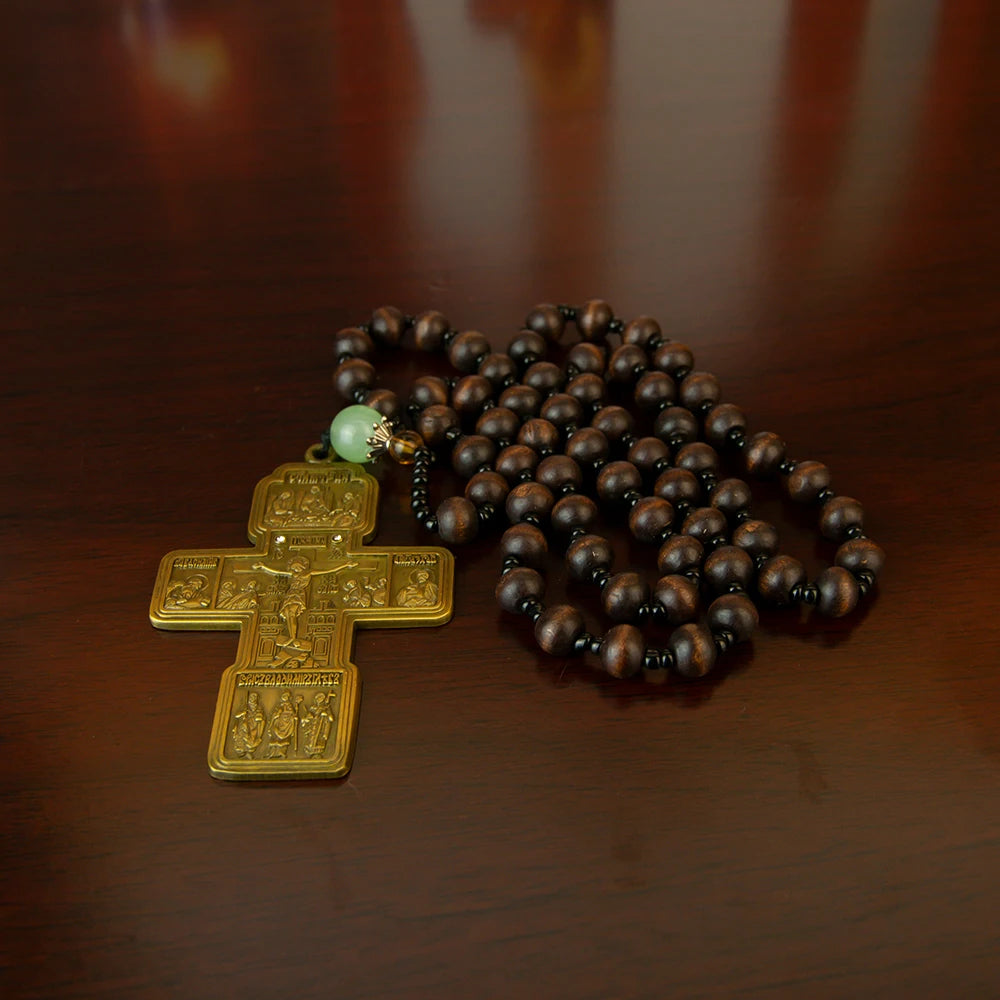 Orthodox Cross Necklace with Wooden Bead Chain – Jesus Crucifix Prayer Jewelry