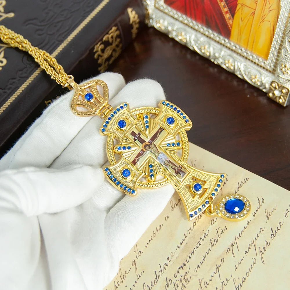 Orthodox Pectoral Cross Necklace – Gold-Tone Christian Prayer Pendant with Blue Crystal Details - Sylva