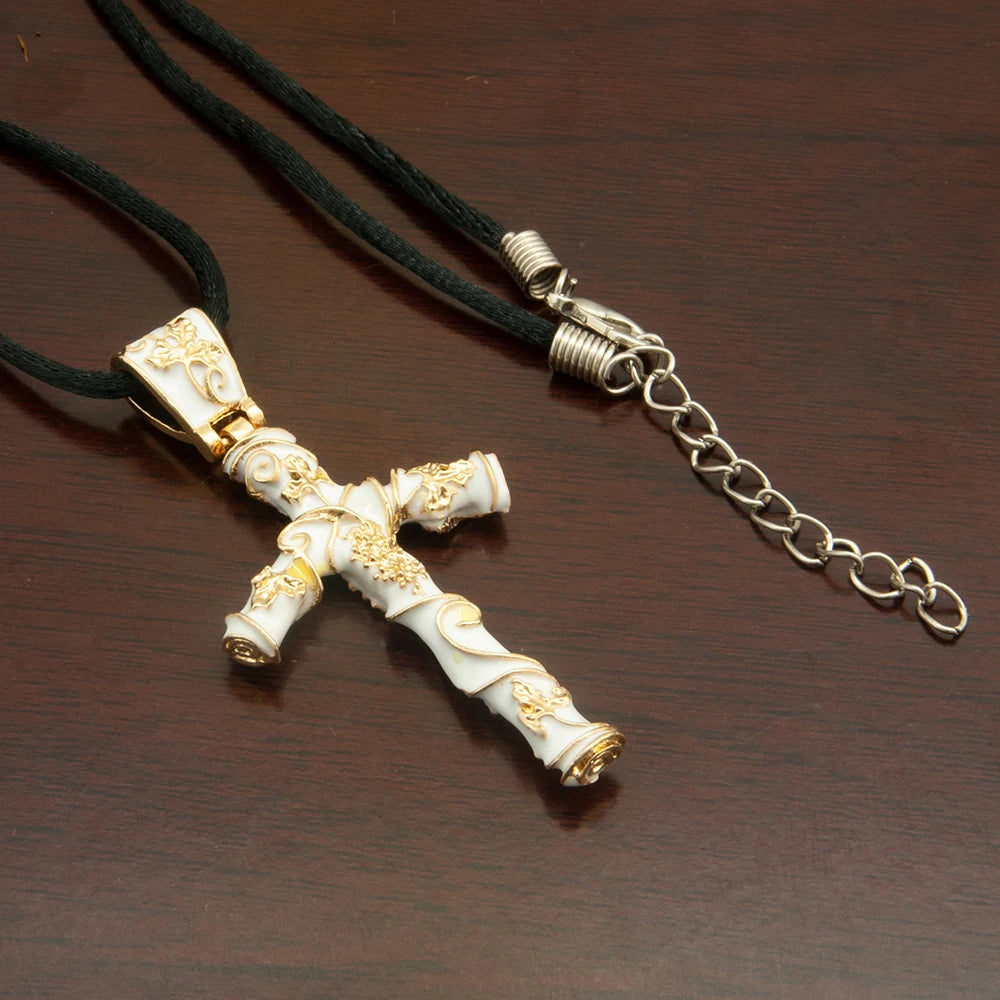 Christian Grape Vine Crucifix Bead Necklace – Black & Gold Religious Pendant