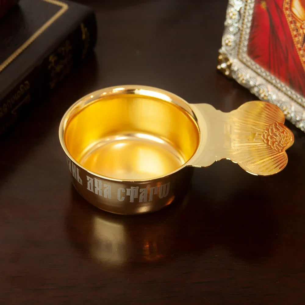 Gold-Plated Orthodox Holy Oil Utensil Set – Engraved Liturgical Dish, Spoon & Vessel