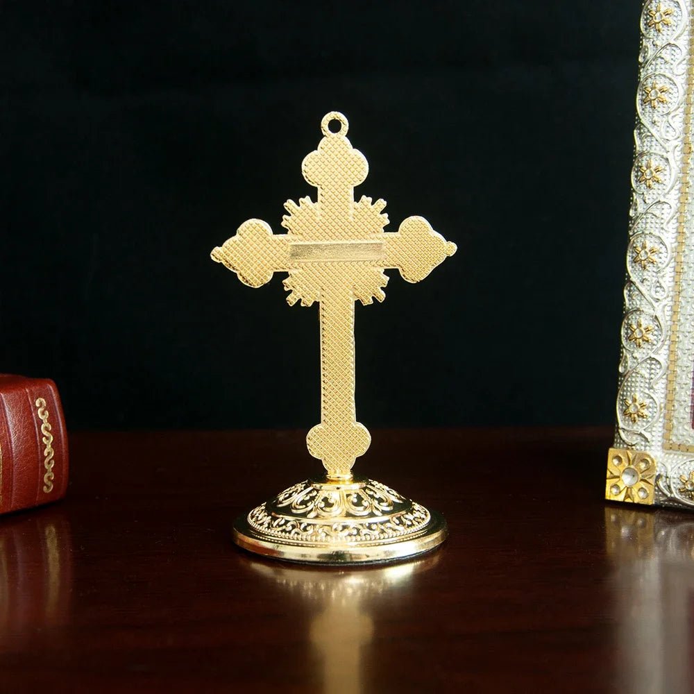 Small Gold Tabletop Crucifix – Christian Home and Car Cross Ornament - Sylva
