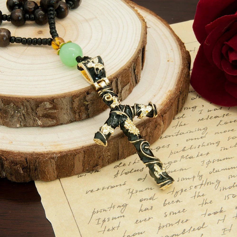 Christian Grape Vine Crucifix Bead Necklace – Black & Gold Religious Pendant - Sylva