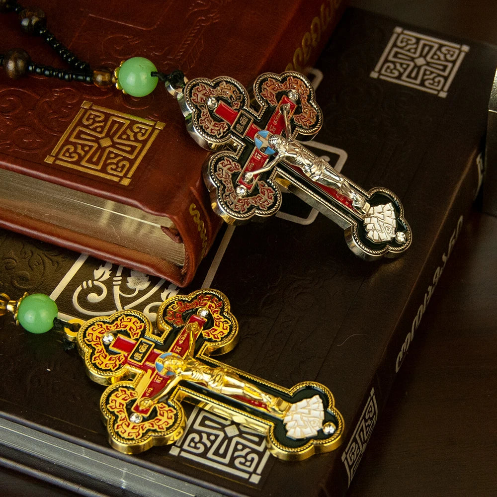 Orthodox Cross Necklace with Wooden Rosary Beads – Jesus Crucifix Prayer Jewelry