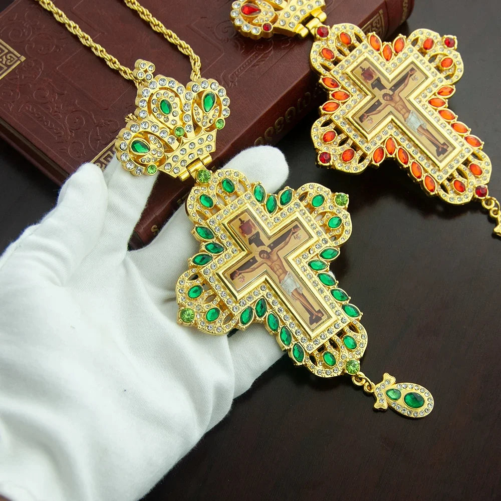 Gold-Plated Orthodox Pectoral Cross with Chain & Gemstone Accents