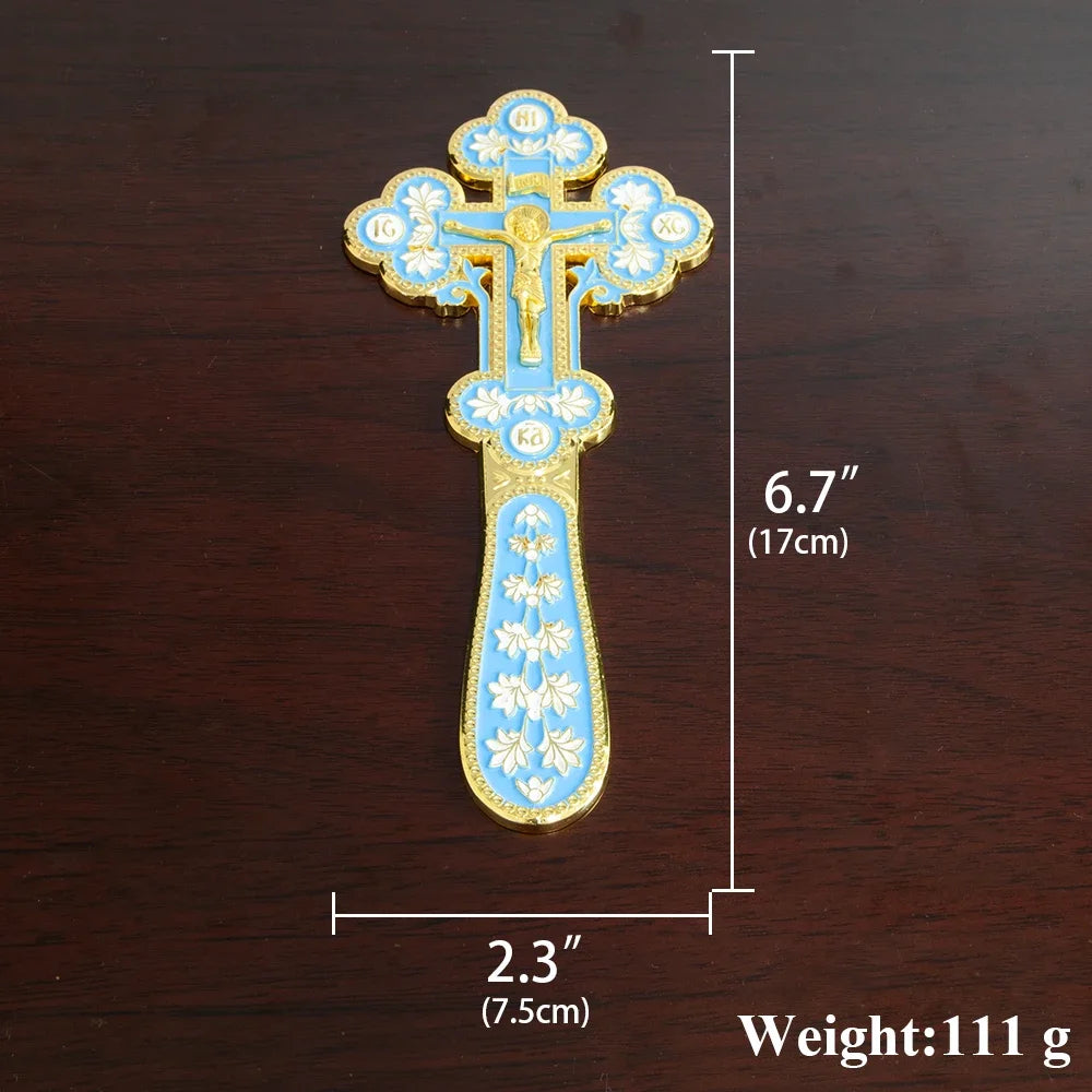 Orthodox Handheld Blessing Cross with Jesus Icon – Gold Enamel Crucifix