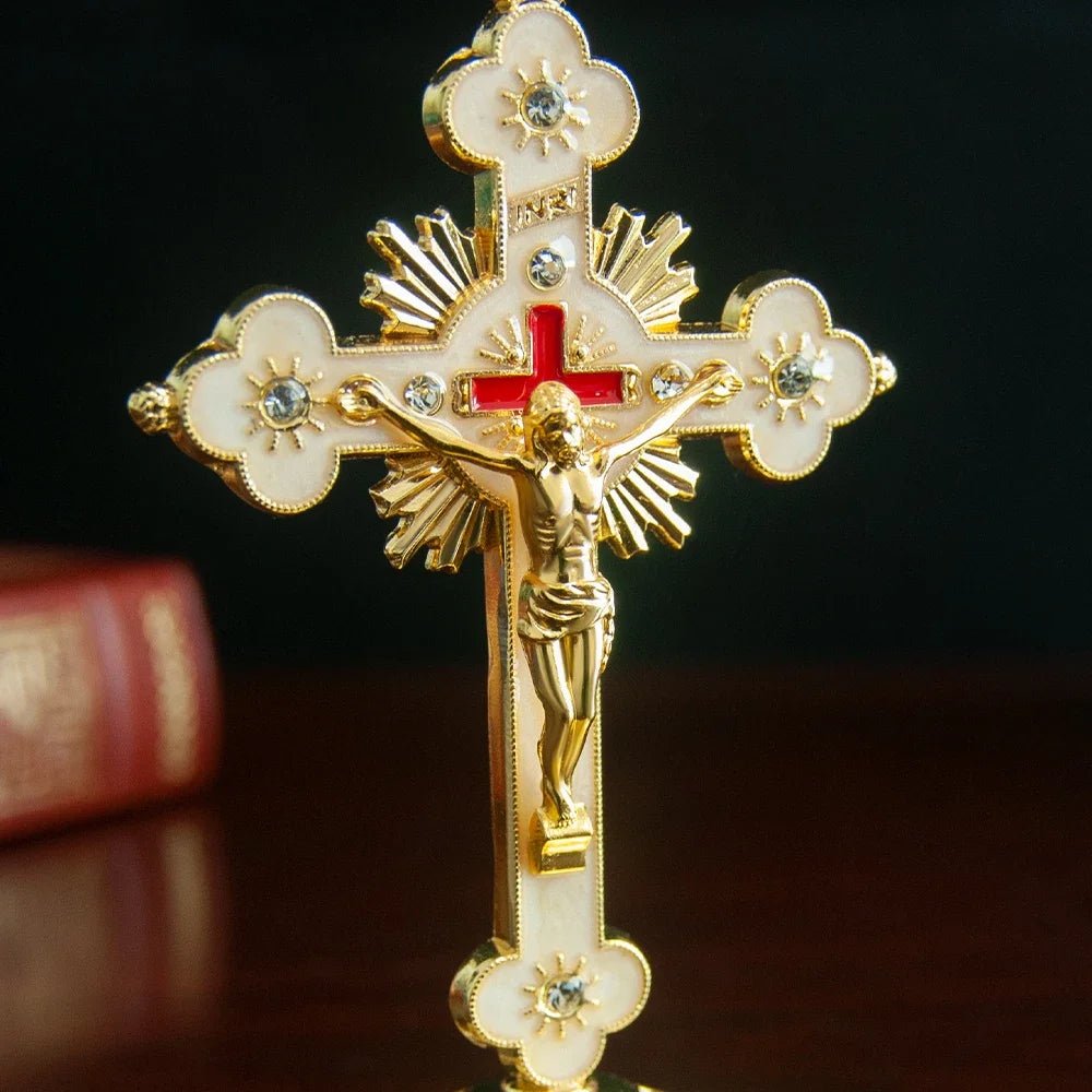 Small Gold Tabletop Crucifix – Christian Home and Car Cross Ornament - Sylva