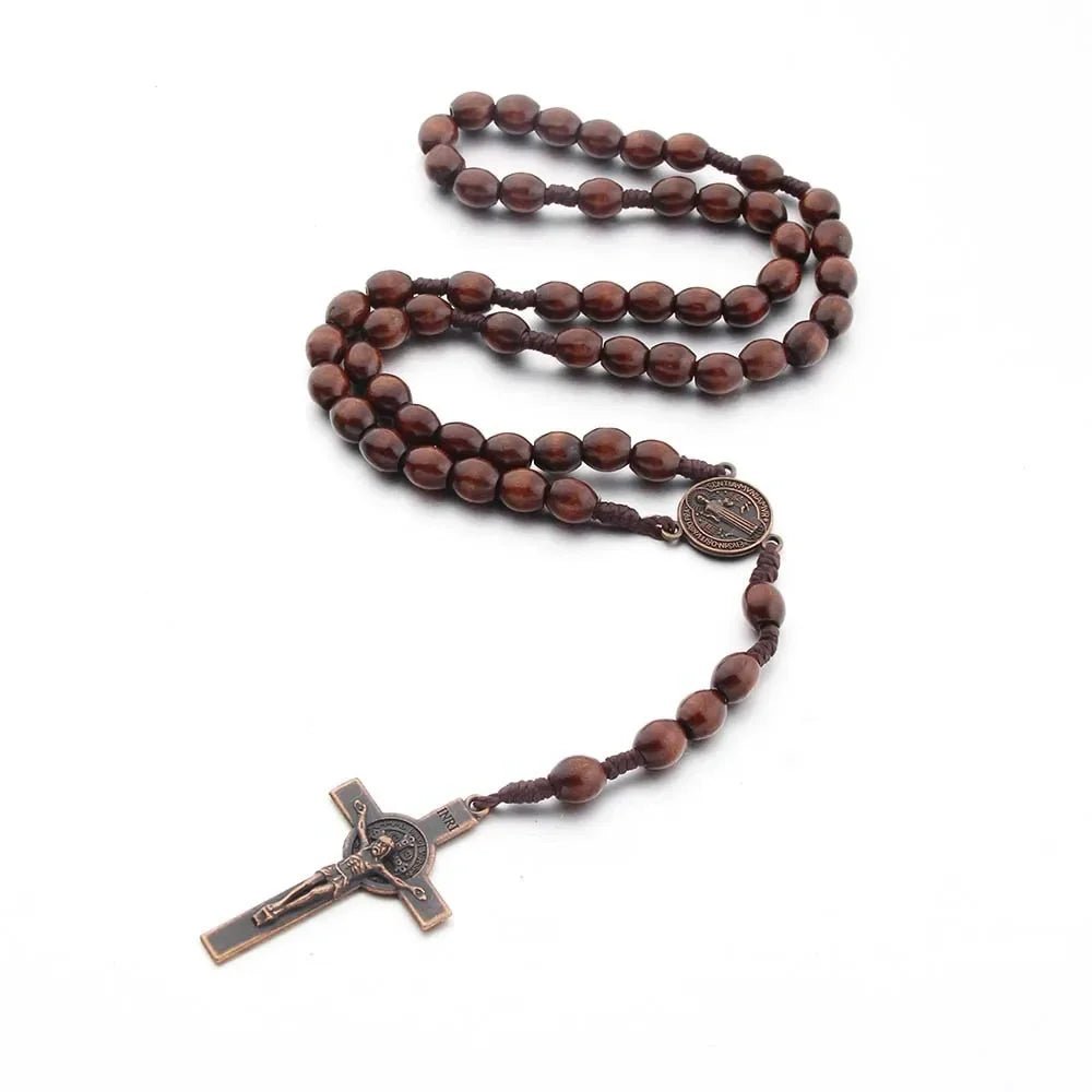 Handmade Wooden Bead Rosary Necklace with Crucifix – Braided Catholic Prayer Rosary for Men & Women - Sylva