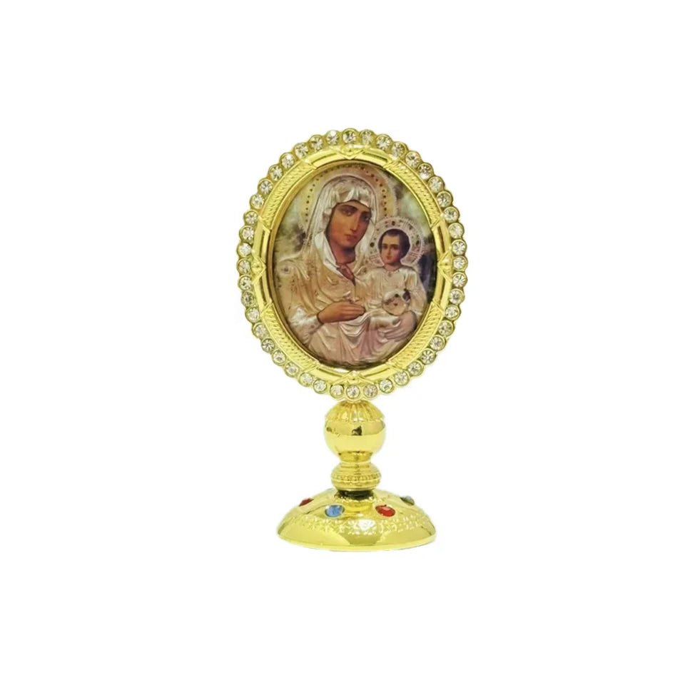 3.35” Orthodox Virgin Mary Icon for Car Dashboard – Gold-Plated Christian Dashboard Ornament with Stick-On Base - Sylva