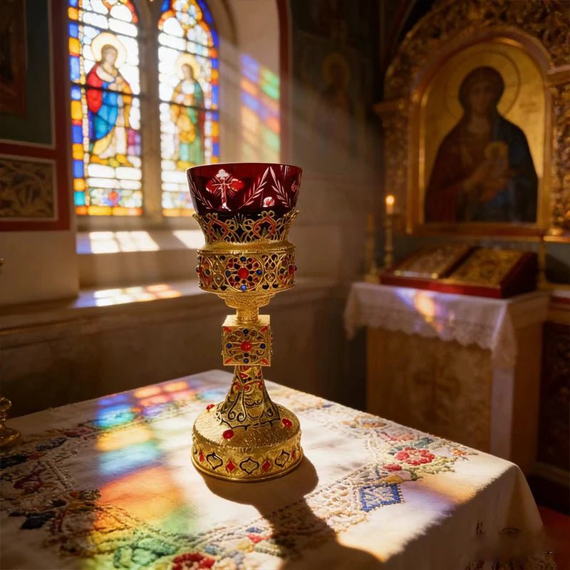 Gold-Plated Orthodox Catholic Liturgical Chalice with Red Glass Cup - Sylva