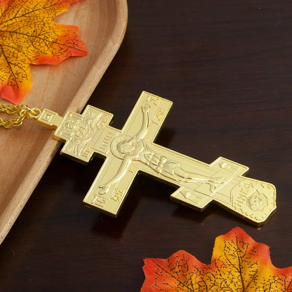 Gold-Plated Orthodox Jesus Pectoral Cross Pendant Necklace