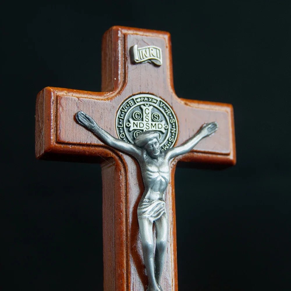 Catholic Wooden Saint Benedict Crucifix with Base – 11cm Standing Prayer Cross - Sylva