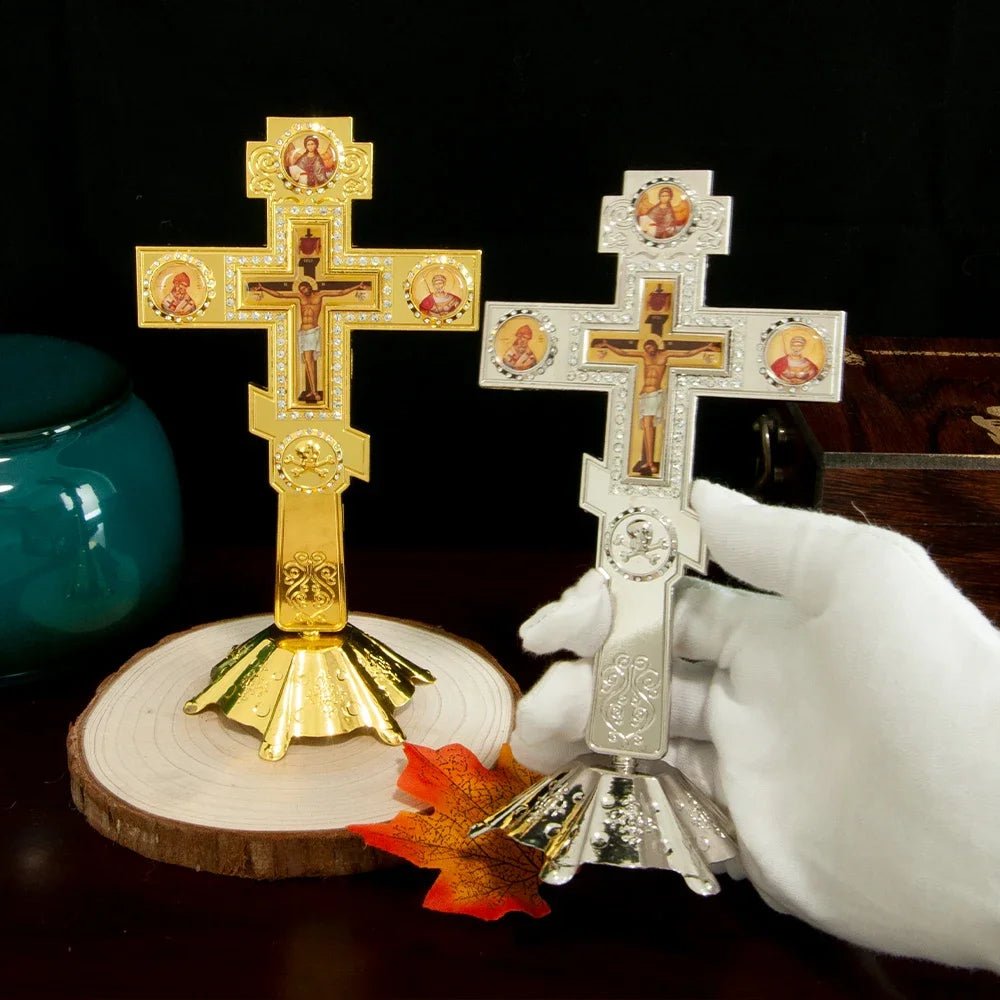 Orthodox-Style Standing Crucifix with Icon Details – Gold-Tone Prayer Corner Cross - Sylva