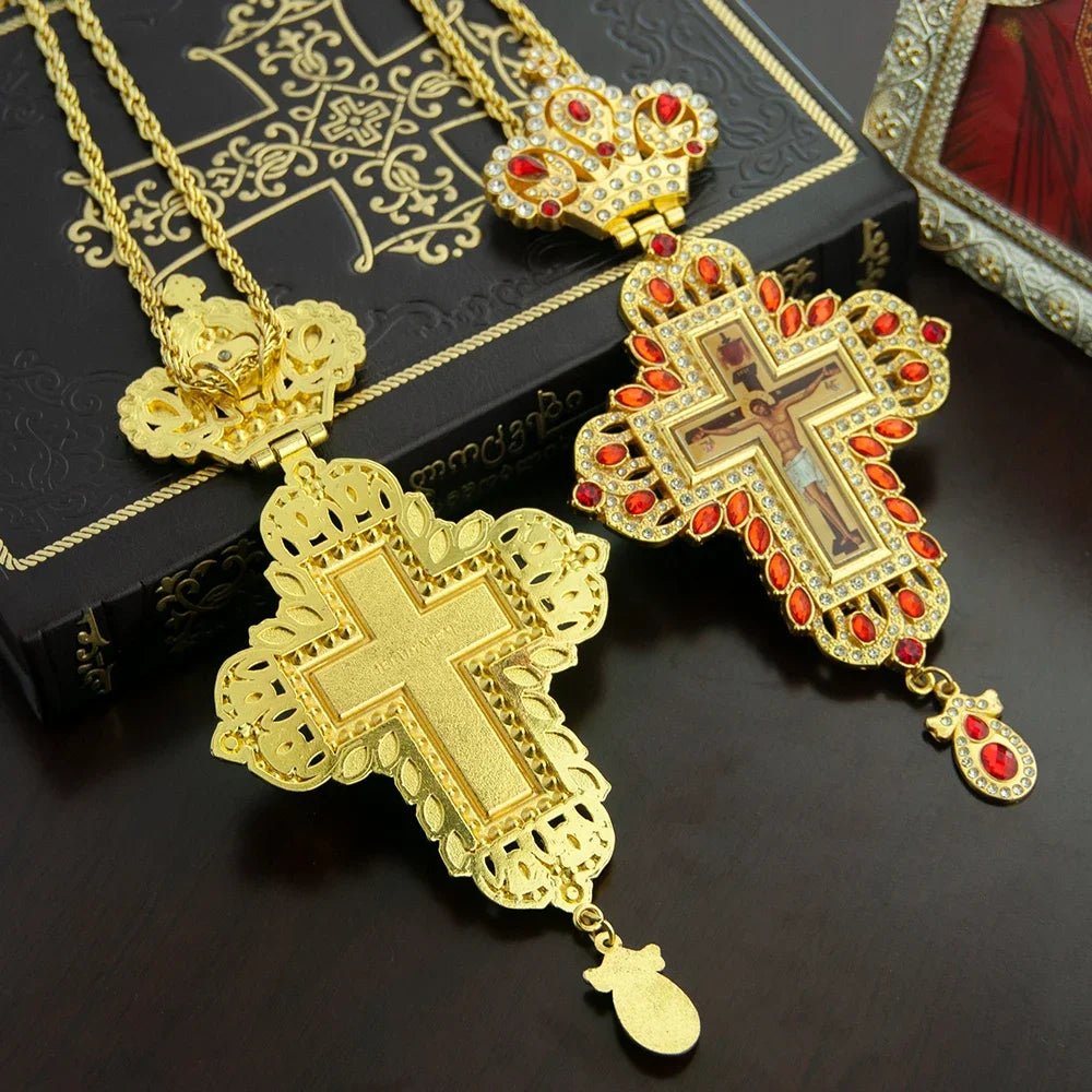 Gold-Plated Orthodox Pectoral Cross with Chain & Gemstone Accents - Sylva
