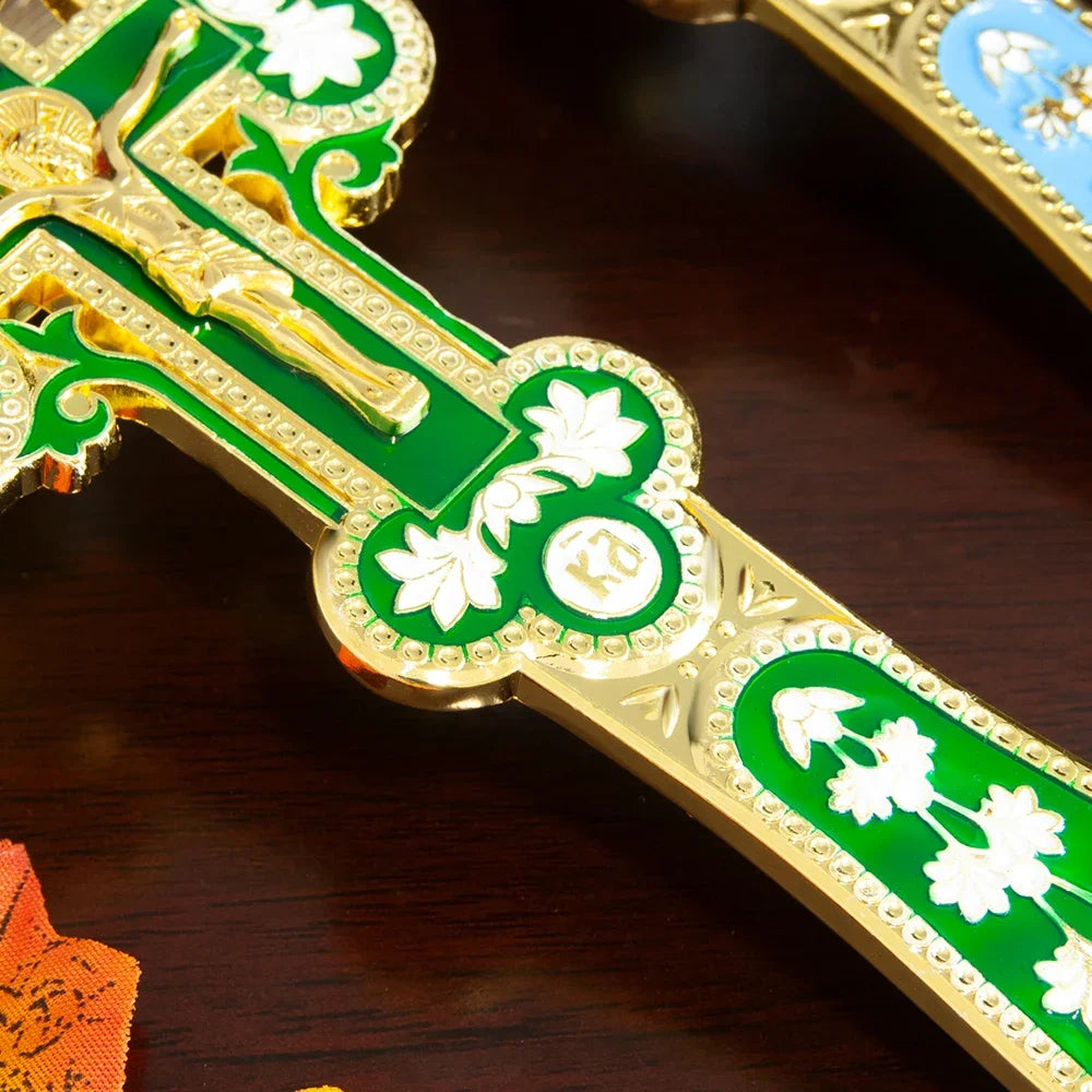 Orthodox Handheld Blessing Cross with Jesus Icon – Gold Enamel Crucifix