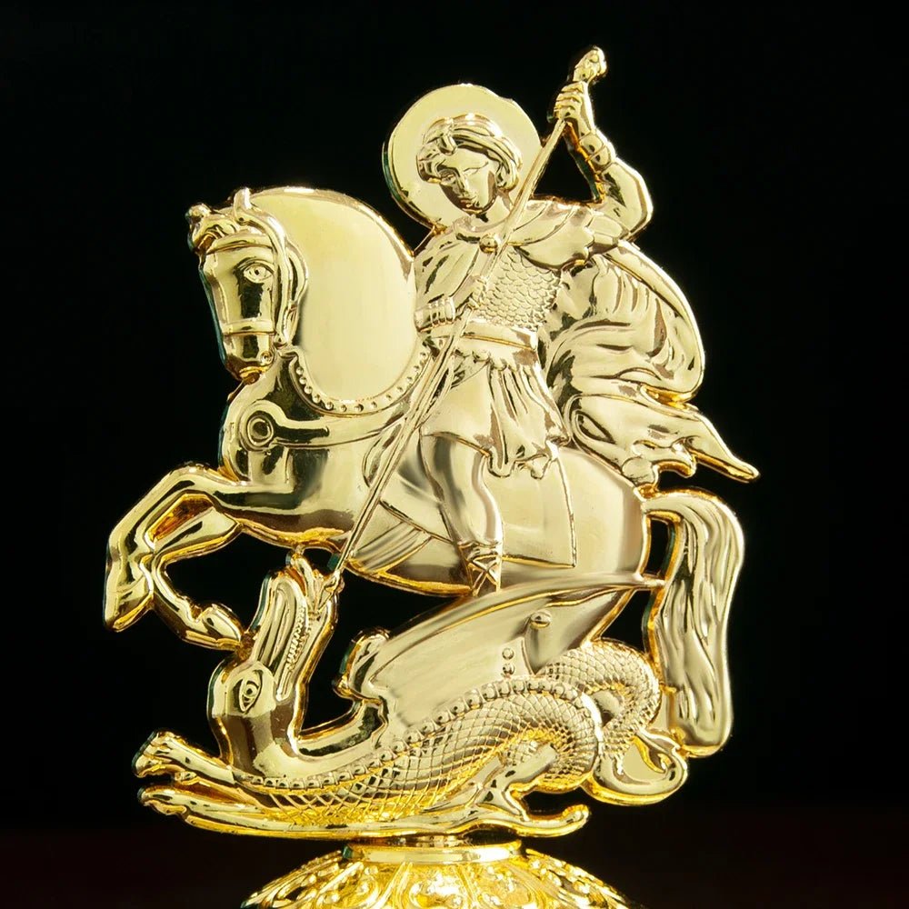 Saint George Dragon Slayer Statue – Gold-Tone Orthodox-Inspired Christian Table Decor - Sylva