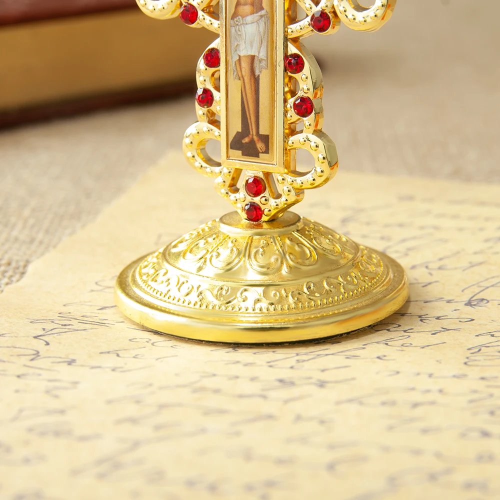Gold Jesus Crucifix Cross Ornament with Red Rhinestones – 3.5” Zinc Alloy Christian Home Altar Desktop Cross Decoration | Orthodox & Catholic Religious Gift