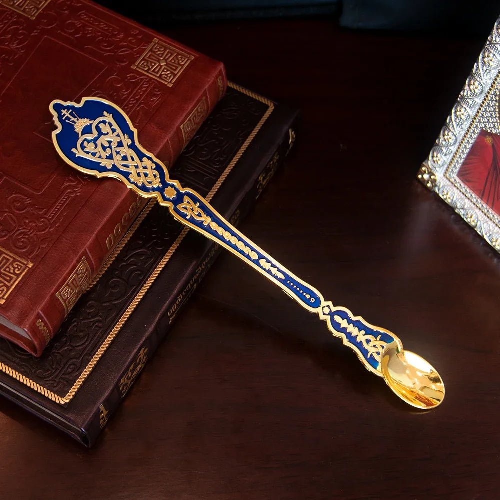 Gold-Plated Orthodox Holy Oil Utensil Set – Engraved Liturgical Dish, Spoon & Vessel - Sylva