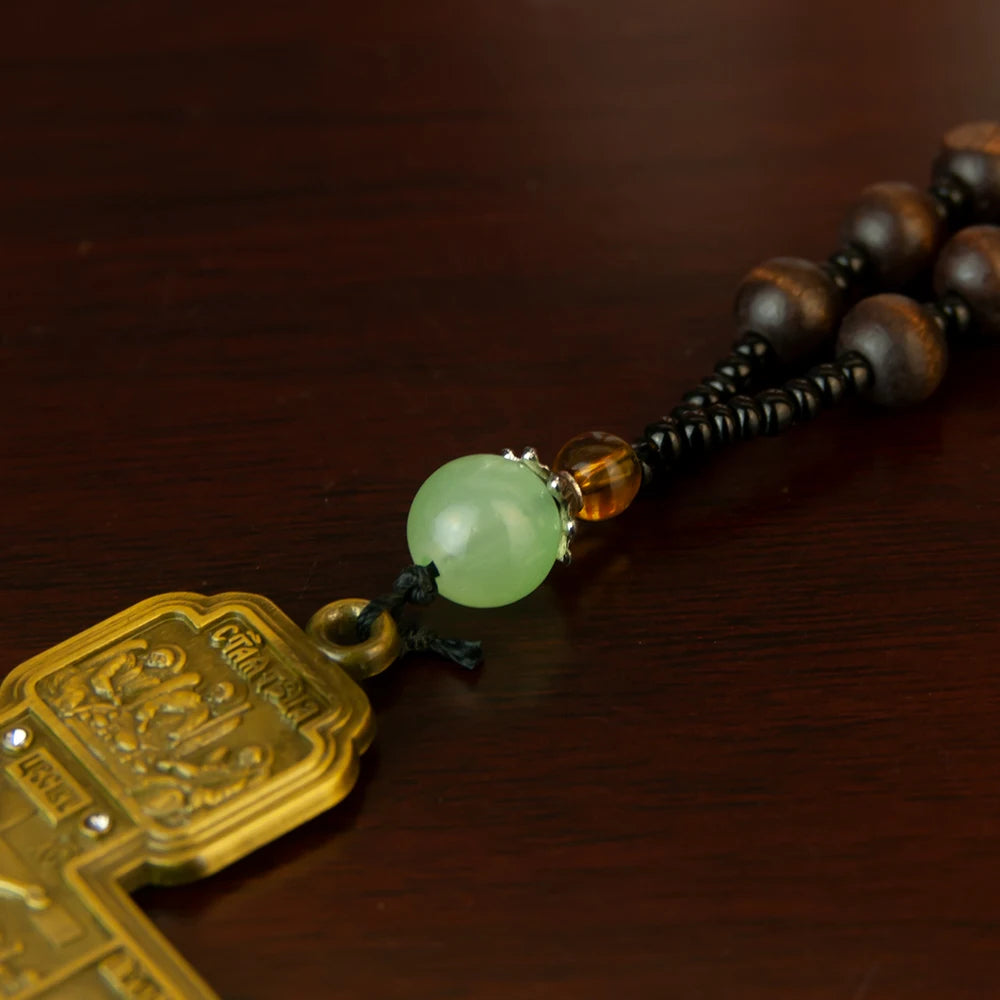 Orthodox Cross Necklace with Wooden Bead Chain – Jesus Crucifix Prayer Jewelry