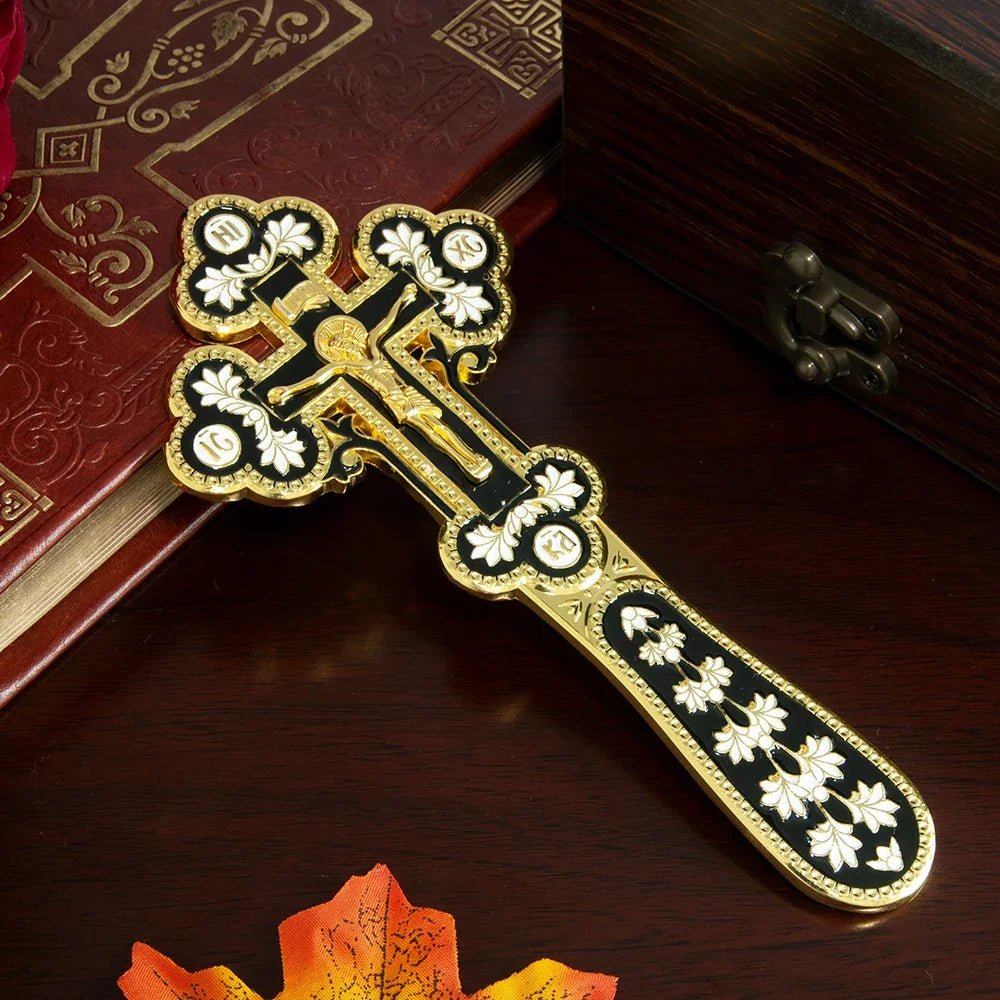 Orthodox Handheld Blessing Cross with Jesus Icon – Gold Enamel Crucifix - Sylva